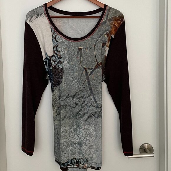 Long Sleeve Abstract Comfy Tunic Round Neck Brown Blue XXL - Picture 1 of 3